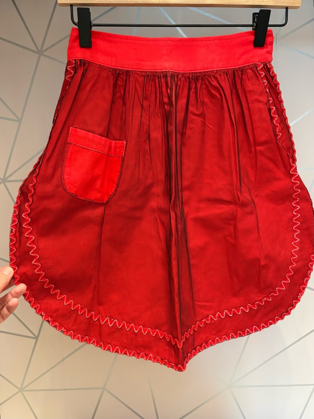 Vintage Red Hostess Half Apron Black Tulle Overlay